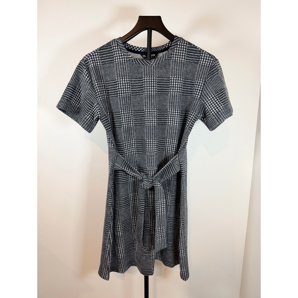 Steve Madden Womens Black White Plaid Tie Waist Short Sleeve Dress M BD28075S